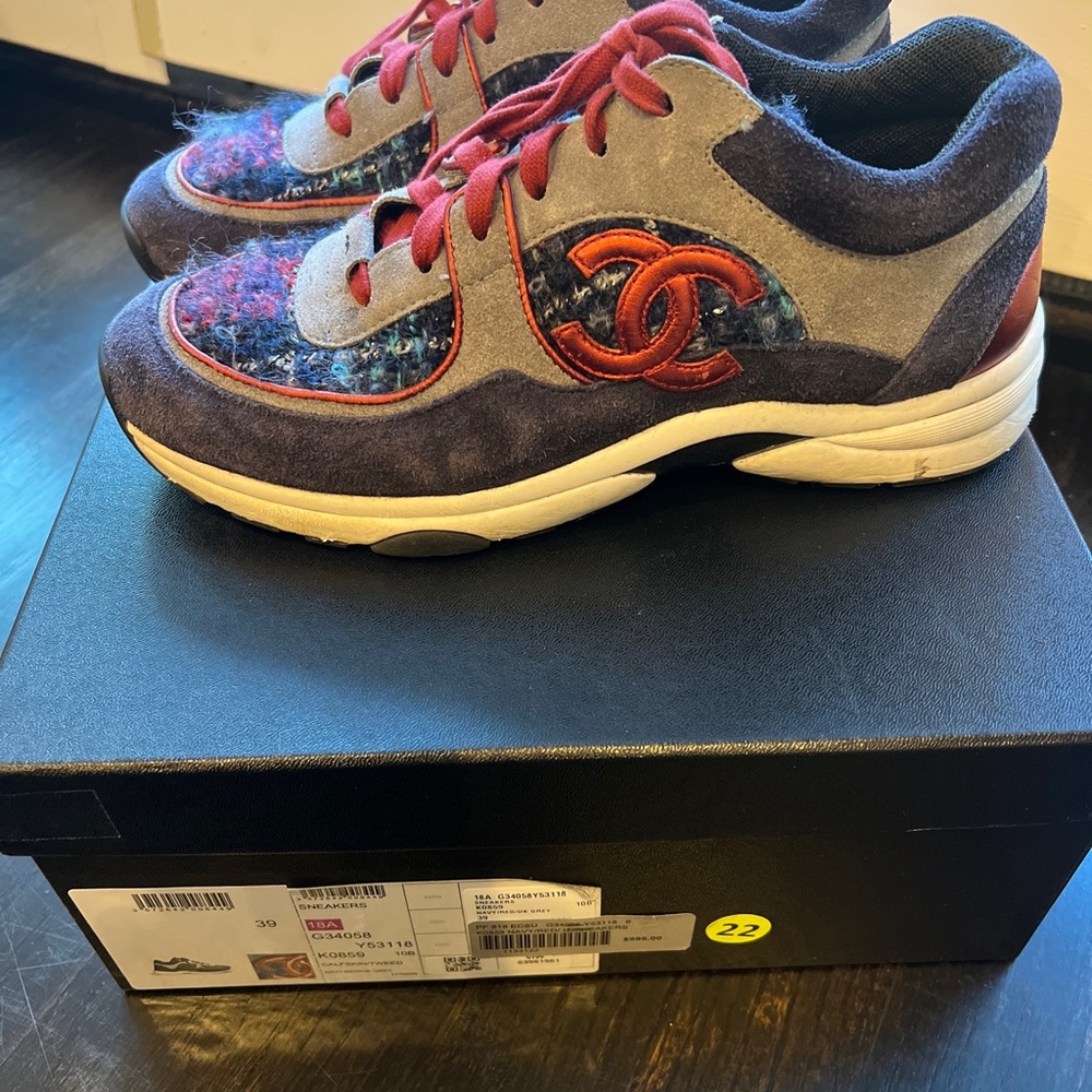 Chanel authentic tweed sneakers navy red grey